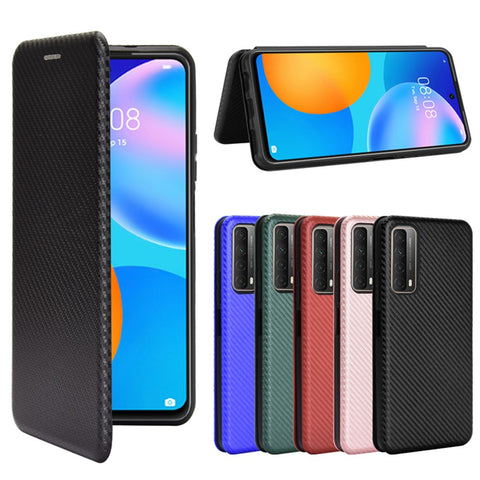 Auto-absorbed Carbon Fiber Texture Shell for Huawei P smart 2021/Y7a Stand Leather Case