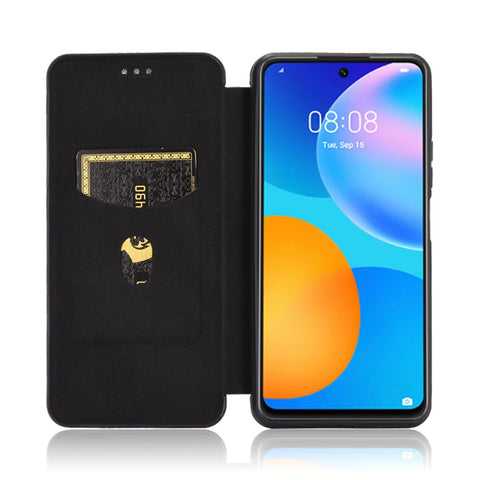 Auto-absorbed Carbon Fiber Texture Shell for Huawei P smart 2021/Y7a Stand Leather Case