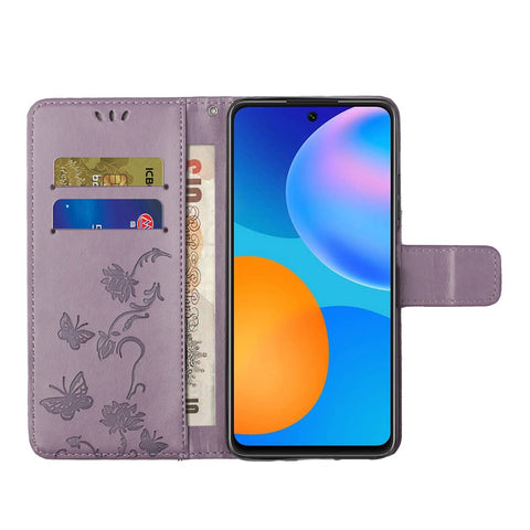 Imprint Butterfly Flowers Leather Wallet Case Cover for Huawei P smart 2021/Y7a