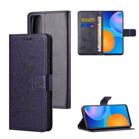 Imprint Butterfly Flowers Leather Wallet Case Cover for Huawei P smart 2021/Y7a