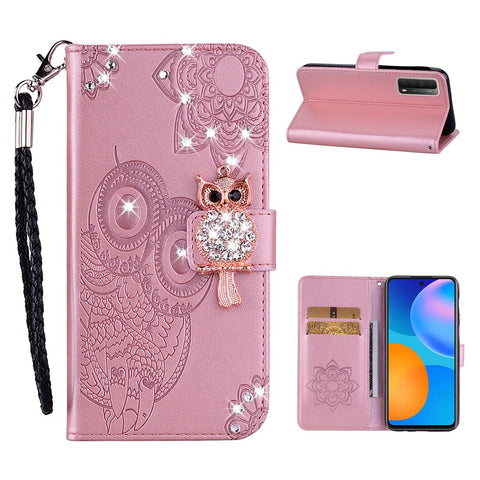 Owl Imprint Rhinestone Decor Leather Phone Case for Huawei P Smart 2021 / Huawei Y7a