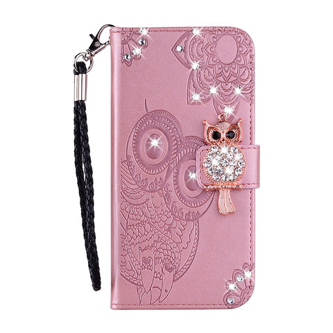 Owl Imprint Rhinestone Decor Leather Phone Case for Huawei P Smart 2021 / Huawei Y7a