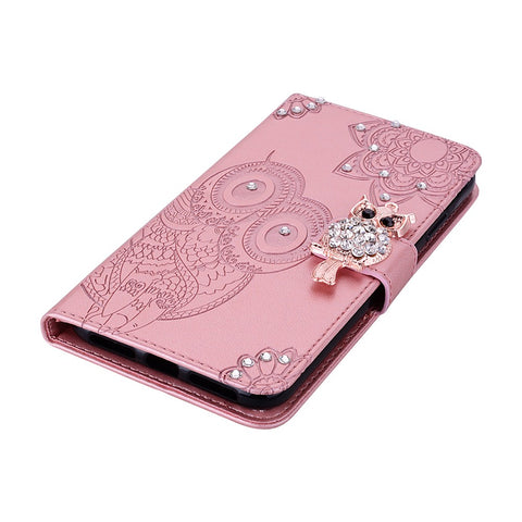 Owl Imprint Rhinestone Decor Leather Phone Case for Huawei P Smart 2021 / Huawei Y7a
