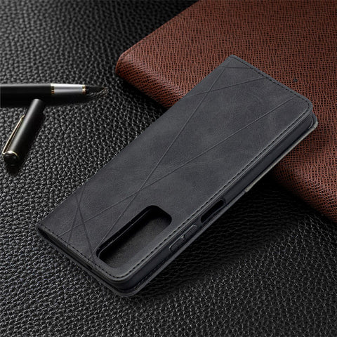 For Huawei P Smart 2021 / Y7a Geometric Pattern Leather Stand Case Card Holder Shell