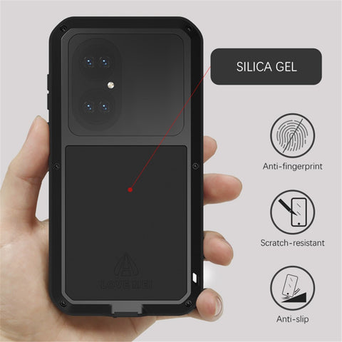 LOVE MEI Shockproof Dropproof Dustproof Metal Frame + Silicone Cover Powerful Case with Tempered Glass Film for Huawei P50