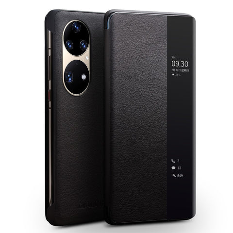 QIALINO Top Layer Cowhide Leather Phone Case Protector with View Window for Huawei P50 Pro