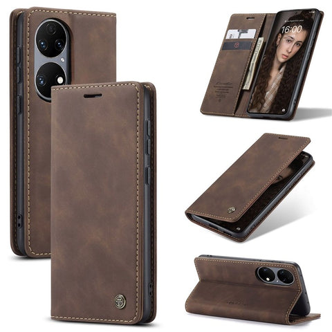 CASEME 013 Series for Huawei P50 Wallet PU Leather Case Foldable Stand Magnetic Auto-absorbed Flip Cover