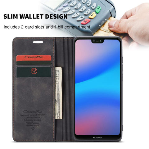 CASEME 013 Series Lightweight Mobile Phone Case Bag for Huawei P20 Lite (2018)/Nova 3e (China), Auto-absorbed PU Leather Wallet Foldable Stand Phone Cover