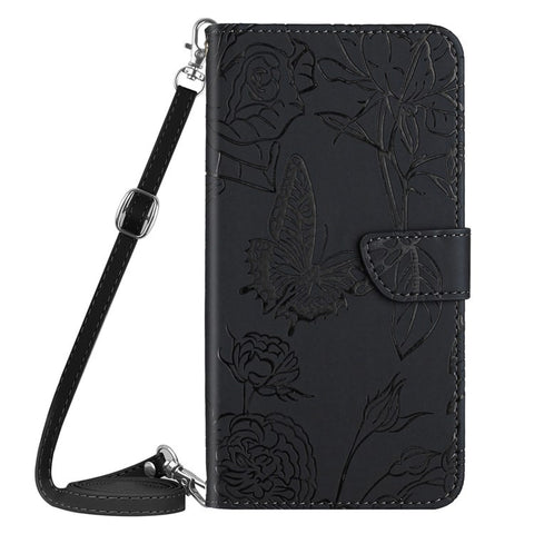 Skin-touch Feel PU Leather Case for Huawei P40, Butterfly and Flower Imprinting Pattern Viewing Stand Wallet Cellphone Cover with Shoulder Strap