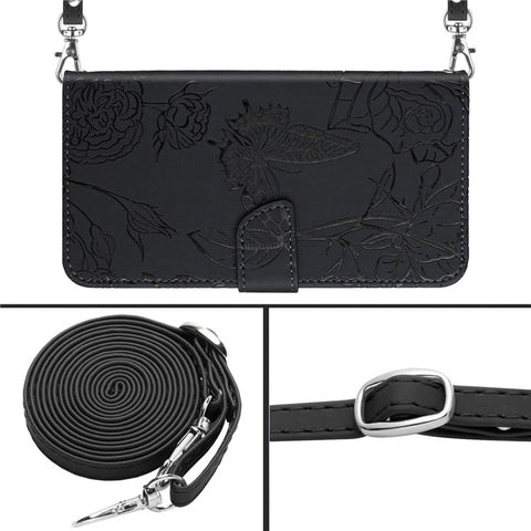 Skin-touch Feel PU Leather Case for Huawei P40, Butterfly and Flower Imprinting Pattern Viewing Stand Wallet Cellphone Cover with Shoulder Strap