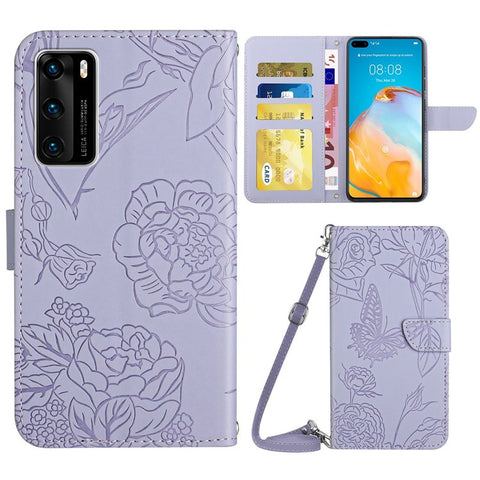 Skin-touch Feel PU Leather Case for Huawei P40, Butterfly and Flower Imprinting Pattern Viewing Stand Wallet Cellphone Cover with Shoulder Strap