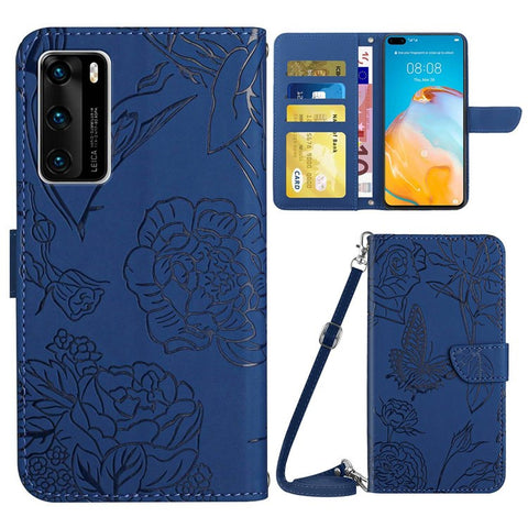 Skin-touch Feel PU Leather Case for Huawei P40, Butterfly and Flower Imprinting Pattern Viewing Stand Wallet Cellphone Cover with Shoulder Strap