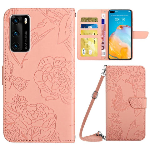 Skin-touch Feel PU Leather Case for Huawei P40, Butterfly and Flower Imprinting Pattern Viewing Stand Wallet Cellphone Cover with Shoulder Strap