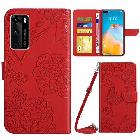 Skin-touch Feel PU Leather Case for Huawei P40, Butterfly and Flower Imprinting Pattern Viewing Stand Wallet Cellphone Cover with Shoulder Strap