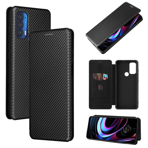 Carbon Fiber Texture Leather Phone Case with Card Slot and Ring Strap for Motorola Edge (2021)