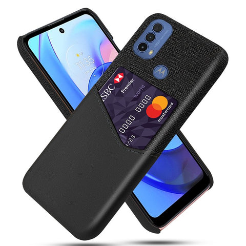 Shock-resistant Cloth Texture Hybrid Phone Case Cover with Back Card Slot Design for Motorola Moto E20 / E30 / E40