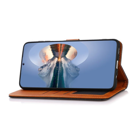 KHAZNEH Leather Wallet Stand Protective Case with Golden Magnetic Clasp for Motorola Moto E20/E30/E40