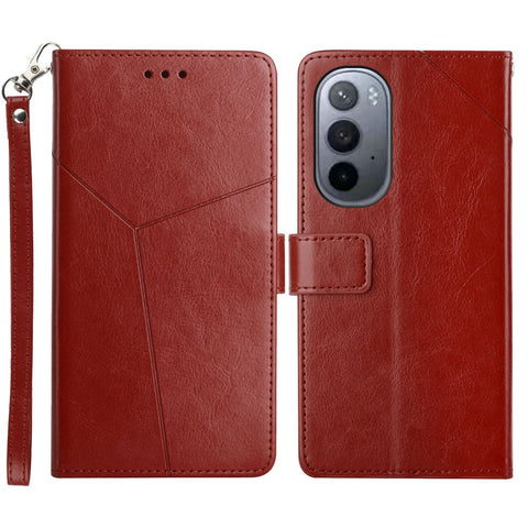 Handy Strap Carrying PU Leather Smartphone Shell Y-shaped Lines Imprinted Magnetic Closure Stand Wallet Case for Motorola Edge X30