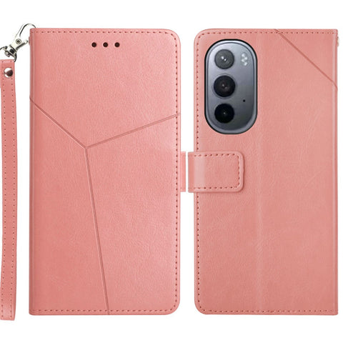 Handy Strap Carrying PU Leather Smartphone Shell Y-shaped Lines Imprinted Magnetic Closure Stand Wallet Case for Motorola Edge X30