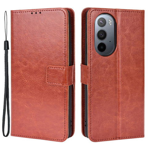 Crazy Horse Texture Foldable Stand PU Leather Wallet Folio Flip Phone Case with Wrist Strap for Motorola Edge X30