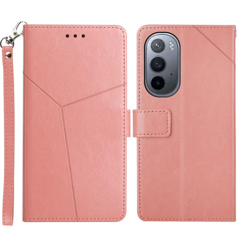 PU Leather Anti-fingerprint Y-shaped Lines Imprinting Soft TPU Inner Shell Phone Cover with Wallet Stand Feature for Motorola Edge X30