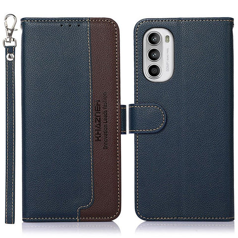 KHAZNEH RFID Blocking Phone Case for Motorola Moto G52 4G / G82 5G, Litchi Texture PU Leather Flip Folio Wallet Stand Cover with Strap