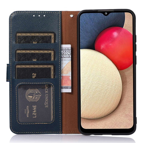 KHAZNEH RFID Blocking Phone Case for Motorola Moto G52 4G / G82 5G, Litchi Texture PU Leather Flip Folio Wallet Stand Cover with Strap