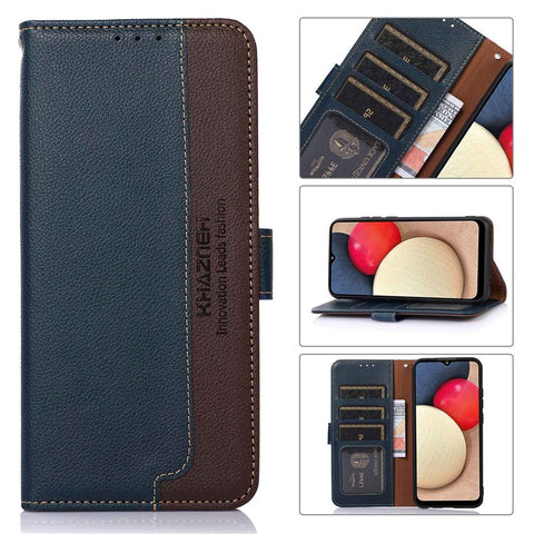 KHAZNEH RFID Blocking Phone Case for Motorola Moto G52 4G / G82 5G, Litchi Texture PU Leather Flip Folio Wallet Stand Cover with Strap