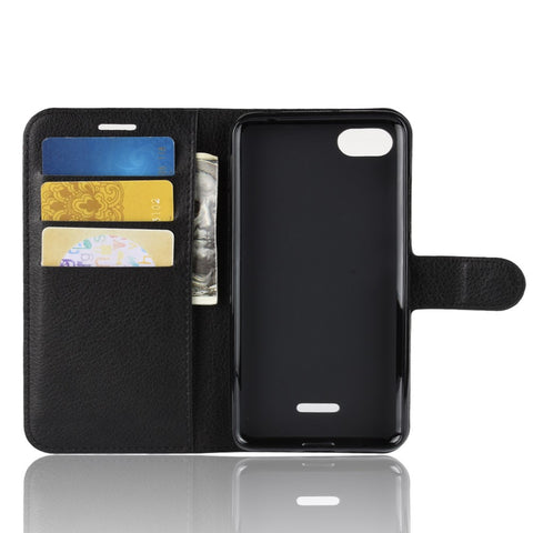 Litchi Texture Leather Wallet Stand Phone Shell for Xiaomi Redmi 6A (Single 12MP Rear Camera)