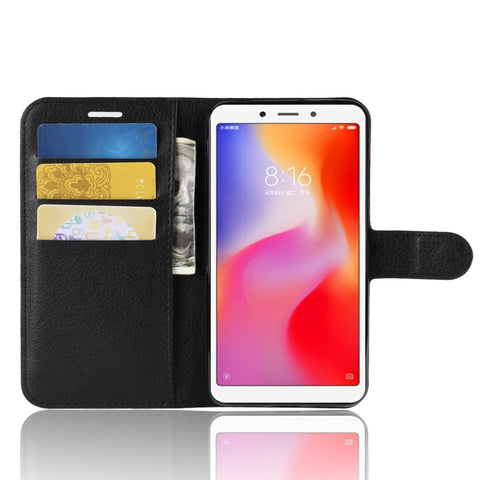 Litchi Texture Leather Wallet Stand Phone Shell for Xiaomi Redmi 6A (Single 12MP Rear Camera)
