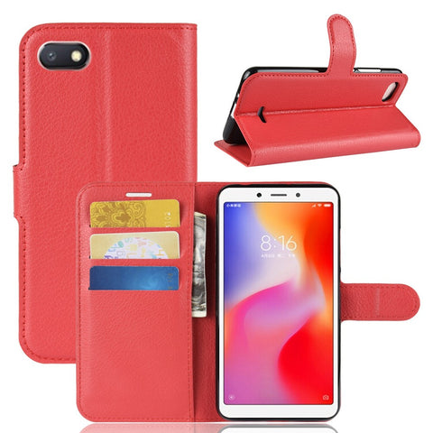 Litchi Texture Leather Wallet Stand Phone Shell for Xiaomi Redmi 6A (Single 12MP Rear Camera)