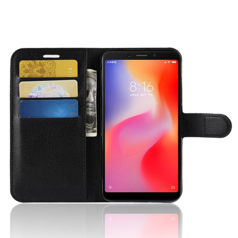 Litchi Skin Wallet Leather Stand Case for Xiaomi Redmi 6 (Dual Camera: 12MP+5MP)