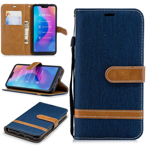 Assorted Color Jeans Cloth Leather Wallet Cover for Xiaomi Mi A2 Lite / Redmi 6 Pro