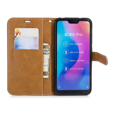 Assorted Color Jeans Cloth Leather Wallet Cover for Xiaomi Mi A2 Lite / Redmi 6 Pro