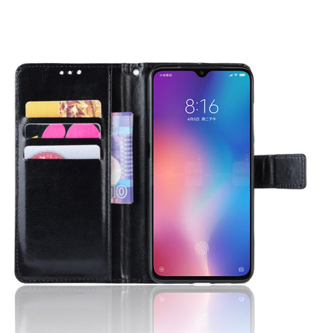 Crazy Horse Texture Wallet Leather Flip Case with Hand Strap Phone Casing for Xiaomi Mi CC9 / Mi CC9 Meitu Edition/ Mi 9 Lite