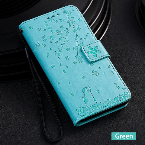 Imprint Sakura Cat Leather Stand Case with Card Slots for Xiaomi Mi CC9e / Mi A3