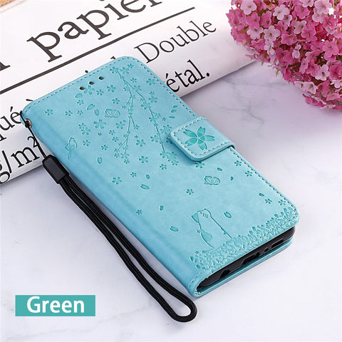 Imprint Sakura Cat Leather Stand Case with Card Slots for Xiaomi Mi CC9e / Mi A3