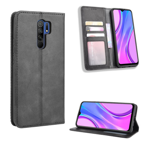 Vintage Style Leather Wallet Stand Phone Shell for Xiaomi Redmi 9 Prime (India) / Redmi 9