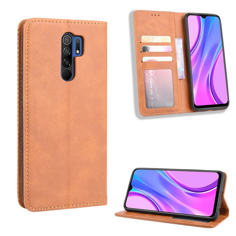 Vintage Style Leather Wallet Stand Phone Shell for Xiaomi Redmi 9 Prime (India) / Redmi 9
