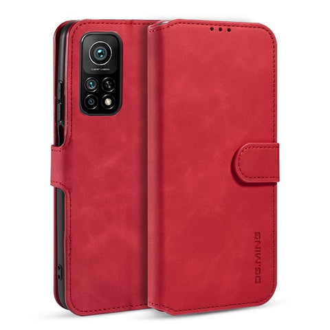 DG.MING Vintage Style Leather Wallet Stand Cover Shell with Handy Strap for Xiaomi Mi 10T 5G/10T Pro 5G/Redmi K30S
