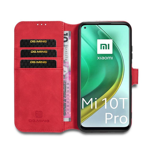 DG.MING Vintage Style Leather Wallet Stand Cover Shell with Handy Strap for Xiaomi Mi 10T 5G/10T Pro 5G/Redmi K30S