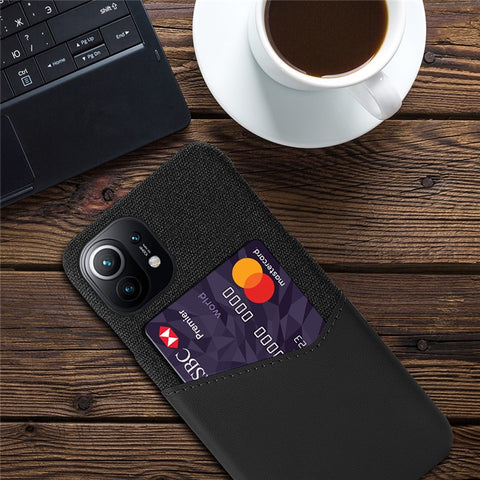KSQ With Cloth + PU Leather Coated PC Back Cover with Back Card Holder Design for Xiaomi Mi 11
