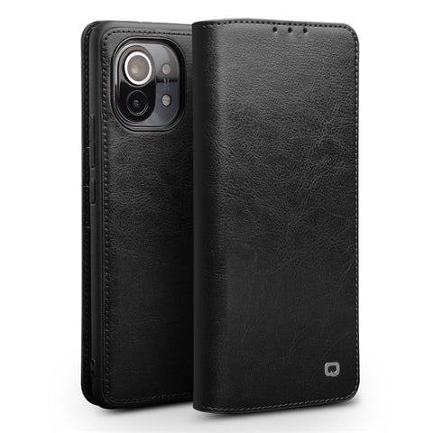 QIALINO Folio Flip Genuine Leather Case for Xiaomi Mi 11, Foldable Stand Wallet Phone Cover