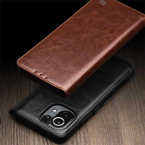QIALINO Folio Flip Genuine Leather Case for Xiaomi Mi 11, Foldable Stand Wallet Phone Cover