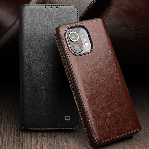 QIALINO Folio Flip Genuine Leather Case for Xiaomi Mi 11, Foldable Stand Wallet Phone Cover