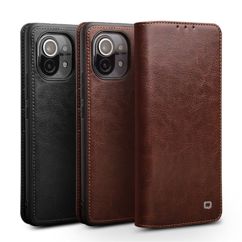 QIALINO Folio Flip Genuine Leather Case for Xiaomi Mi 11, Foldable Stand Wallet Phone Cover