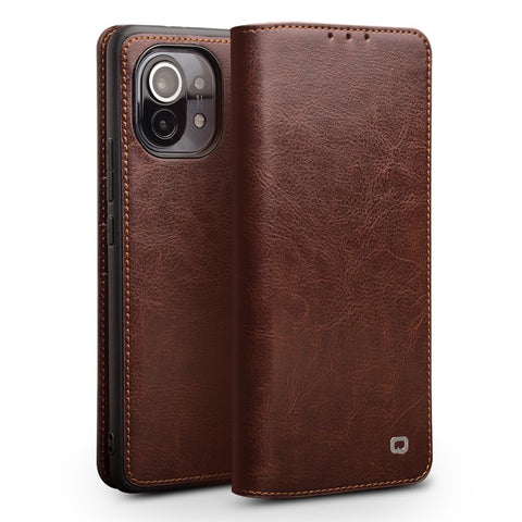 QIALINO Folio Flip Genuine Leather Case for Xiaomi Mi 11, Foldable Stand Wallet Phone Cover