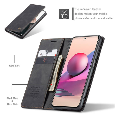 CASEME 013 Series Simple Design Automatic Suction Leather Wallet Stand Case for Xiaomi Redmi Note 10 4G / Note 10S / Poco M5s 4G