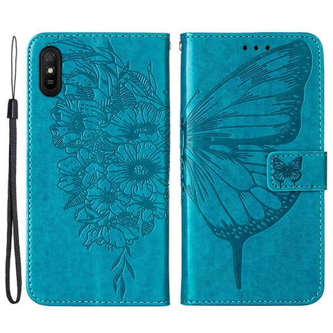 Butterfly Flower Pattern Imprinted PU Leather Wallet Stand Flip Case with Carrying Strap for Xiaomi Redmi 9A / 9i (India) / 9AT