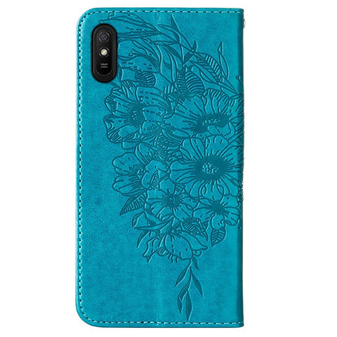 Butterfly Flower Pattern Imprinted PU Leather Wallet Stand Flip Case with Carrying Strap for Xiaomi Redmi 9A / 9i (India) / 9AT